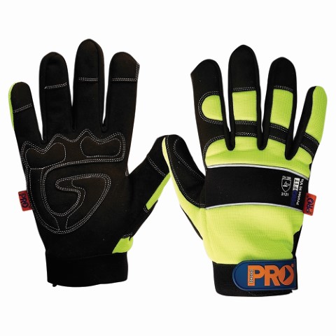 PRO PRO-FIT GLOVE LEATHER GRIP HI-VIS YELL FULL FINGER REINFORCED PALM 2XL